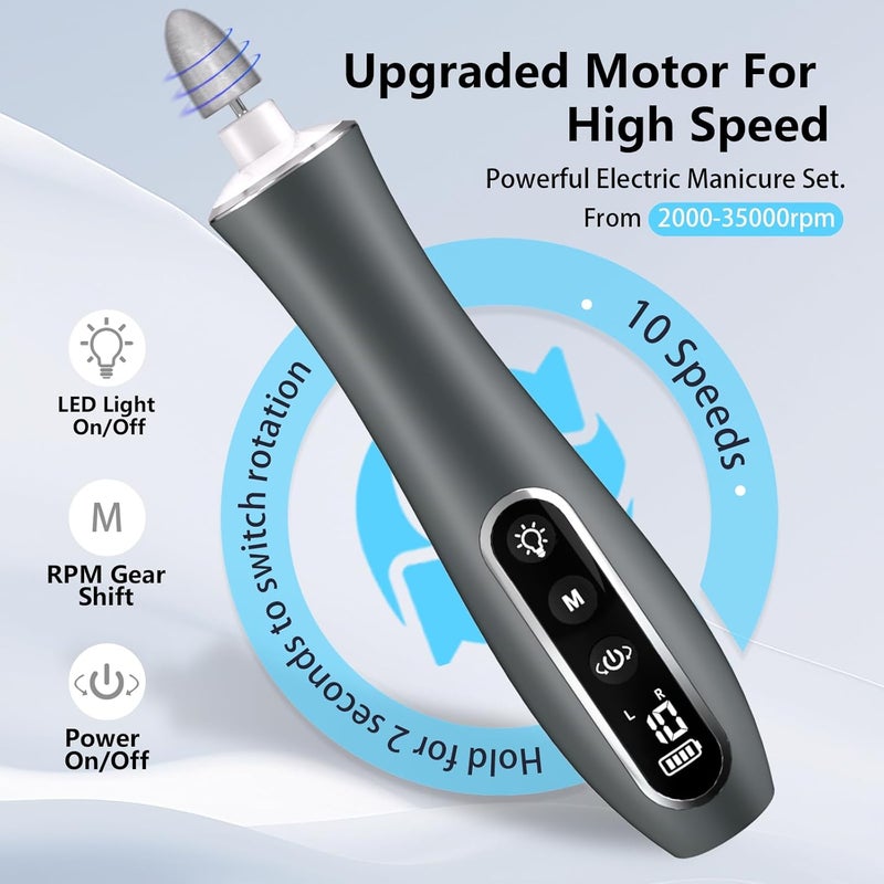 VFD Electric Nail File Drill, Cordless 2000 mAh Rechargeable Nail Filer Electric, Portable Nail Dril 10 Speeds Professional Machine Drill for Nails Acrylic Manicure and Thick Toenails Grinder - Image 2